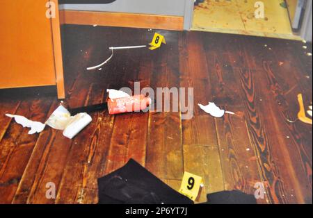 Shown is a crime scene photo presented during the murder trial of