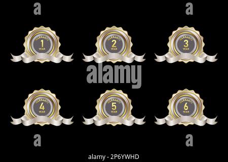 A collection of various year warranty badge designs, in premium silver color, seals, medals, shields, badges, scrolls and ornaments Stock Vector