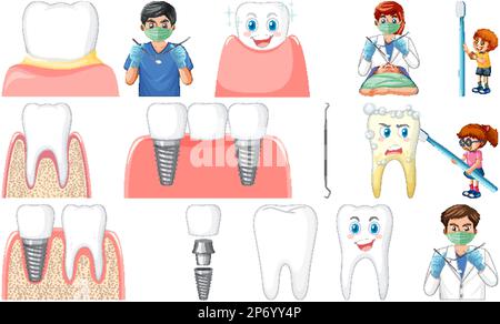 Set of dental equipments and cartoon characters illustration Stock ...