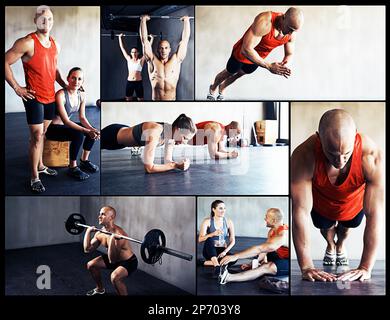 Getting pumped together. Composite image of a couple working out in a gym. Stock Photo