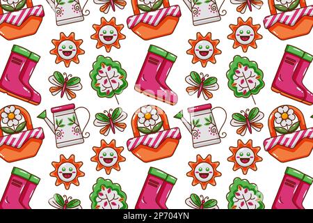 Spring icon pattern. Flowers, insects, gnomes and birds Stock Vector