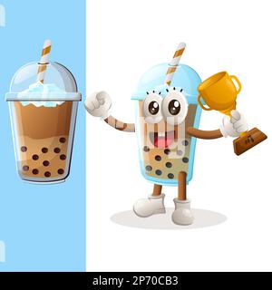 Cute Bubble Tea mascot winning award and celebrating success. Perfect for food store, small business or e-Commerce, merchandise and sticker, banner pr Stock Vector
