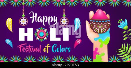 Happy Holi Festival of Colors, hand and paint colorful 3d illustration Stock Vector