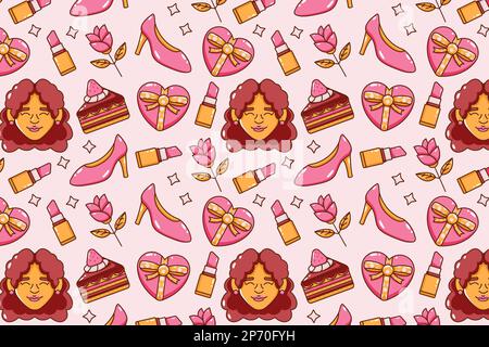 Women's day. Faces, cakes, drinks, lipsticks, high heels, gifts and flowers seamless pattern icons Stock Vector