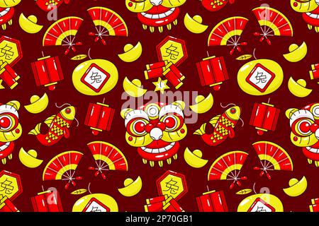 Chinese new year icon pattern. Dragons, lanterns, gold, koi fish and firecrackers Stock Vector