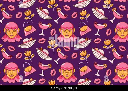 Women's day. Faces, cakes, drinks, lipsticks, high heels, gifts and flowers seamless pattern icons Stock Vector