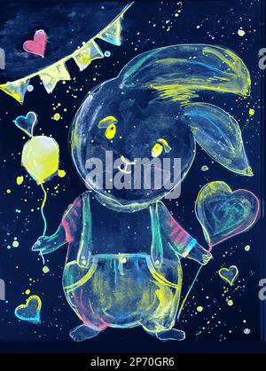 Aquarelle watercolor painting of cute bunny painting on canvas with love hearts, splatters and balloon in hand Stock Photo