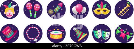 Mardi Gras Carnival. 3d icons of clowns, maracas, fireworks, masks, necklaces, hats, drums and balloons Stock Vector