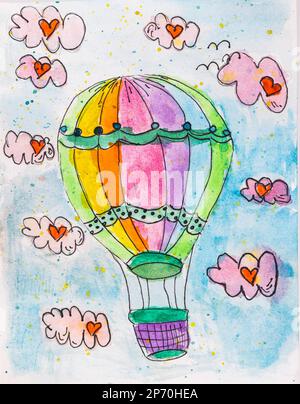 Aquarelle watercolor painting of spring sky clouds with love hearts and flying colorful hot air balloon Stock Photo