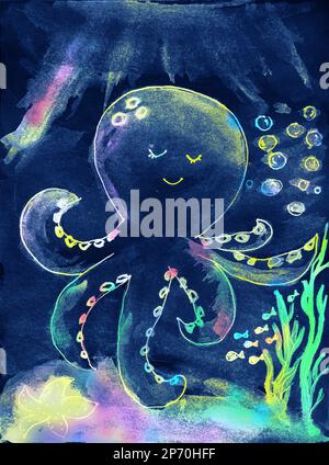 Aquarelle watercolor painting of cute octopus in a deep sea with sun rays in water painting on canvas Stock Photo