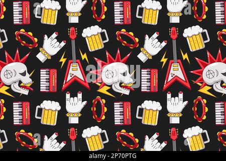 Punk Rock. Guitars, headsets, drums, tapes, pianos, speakers, beer and skull patterns Stock Vector