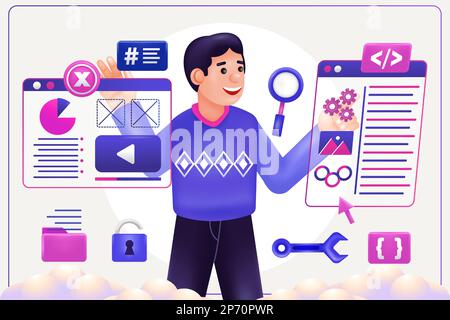 3d illustration of man doing coding and programming Stock Vector