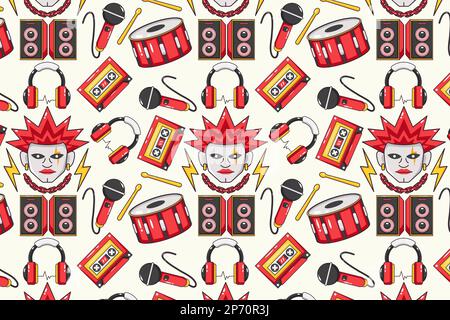 Punk Rock. Guitars, headsets, drums, tapes, pianos, speakers, beer and skull patterns Stock Vector