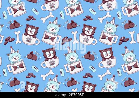 Cute cat in a glass. Bones, fish, cake, sausage, toy mouse and bell icon pattern Stock Vector