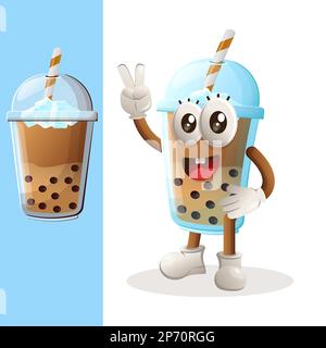Cute Bubble Tea mascot with peace hand. Perfect for food store, small business or e-Commerce, merchandise and sticker, banner promotion, food review b Stock Vector