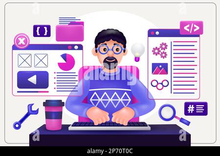 3d illustration of man doing coding and programming Stock Vector