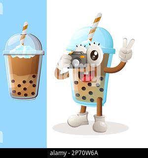 Cute Bubble Tea mascot taking photo with camera. Perfect for food store, small business or e-Commerce, merchandise and sticker, banner promotion, food Stock Vector