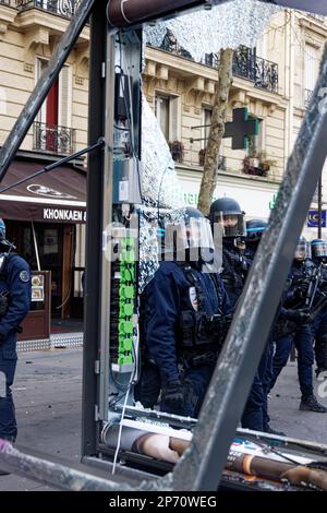 Paris, France. 7th Mar, 2023. The demonstration started Place le Corbusier for the sixth day of mobilization against the pension reform in Paris. Stock Photo