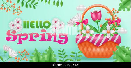 Hello spring. 3d illustration of boots, basket and flower watering pot, with ornamental tropical plants Stock Vector
