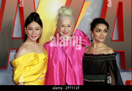 Lucy Liu, Dame Helen Mirren and Rachel Zegler attends the UK premiere of Shazam! Fury of the Gods at Cineworld Leicester Square in London, England. Stock Photo