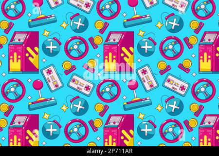 Retro game. Arcade game machine, joy stick, gun control, pocket console and steering wheel controller icon pattern Stock Vector