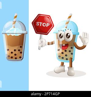 Cute Bubble Tea mascot holding stop sign, street sign, road sign. Perfect for food store, small business or e-Commerce, merchandise and sticker, banne Stock Vector