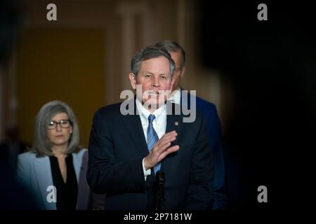 Washington, United States. 07th Mar, 2023. United States Senator Steve Daines (Republican of Montana) offers remarks during the Senate Republican's policy luncheon press conference, at the US Capitol in Washington, DC, USA, Tuesday, March 7, 2023. Photo by Rod Lamkey/CNP/ABACAPRESS.COM Credit: Abaca Press/Alamy Live News Stock Photo