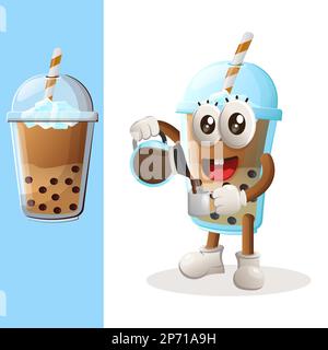 Cute Bubble Tea mascot drinking coffee, coffee time. Perfect for food store, small business or e-Commerce, merchandise and sticker, banner promotion, Stock Vector