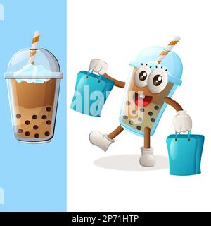 Cute Bubble Tea mascot happy shopping. Perfect for food store, small business or e-Commerce, merchandise and sticker, banner promotion, food review bl Stock Vector