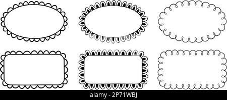 Doodle circle and square scalloped frames. Hand drawn scalloped edge rectangle and ellipse shapes. Simple label form. Flower silhouette lace frame Stock Vector