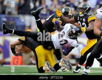 Baltimore Ravens defensive back Ed Reed (20) is tackled after intercepting  a pass from Pittsburgh Steelers quarterback Ben Roethlisberger in the  second half of an NFL football game in Baltimore, Sunday, Sept.