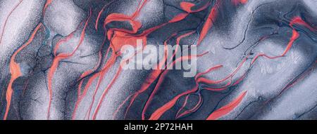 Abstract fluid art background dark gray and silver colors. Liquid marble. Acrylic painting on canvas with red lines and gradient. Alcohol ink backdrop Stock Photo