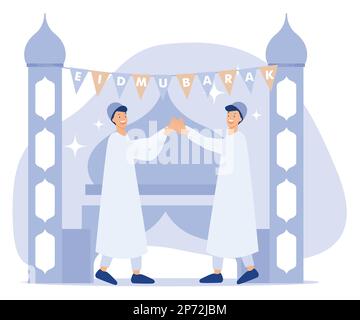 Calligraphy of Eid Mubarak Text with Men Holding Hands Each Other, Mosque Background. flat vector modern illustration Stock Vector