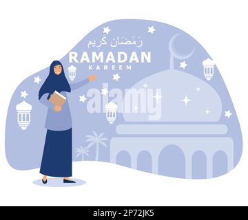 Happy Young Muslim Girl Holding Quran Book with Hand Up, with mosque background, flat vector modern illustration Stock Vector