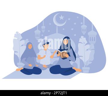 Mother teaching their kids to read Quran, Islamic Ramadan Kareem family moment, flat vector modern illustration Stock Vector