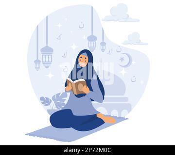 woman is reading Al Quran on night Ramadan day, ramadan kareem , flat vector modern illustration Stock Vector