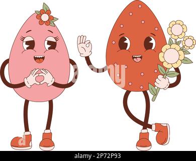 Retro cartoon character in love couple easter eggs. Groovy vintage cute mascots. Vector illustration Stock Vector