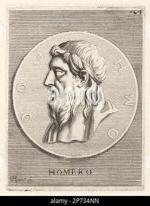 Homer, Greek poet credited as the author of the Iliad and the Odyssey, 8th century BC. Bust of the poet with beard and hair band from a Greek metal coin. Homero. Copperplate engraving by Etienne Picart after Giovanni Angelo Canini from Iconografia, cioe disegni d'imagini de famosissimi monarchi, regi, filososi, poeti ed oratori dell' Antichita, Drawings of images of famous monarchs, kings, philosophers, poets and orators of Antiquity, Ignatio de’Lazari, Rome, 1699. Stock Photo