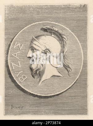 Byzas, legendary founder of Byzantium or Byzantion, the city later known as Constantinople and then Istanbul. From a coin with a head of a bearded man in a crested hermet. Biza. Copperplate engraving by Etienne Picart after Giovanni Angelo Canini from Iconografia, cioe disegni d'imagini de famosissimi monarchi, regi, filososi, poeti ed oratori dell' Antichita, Drawings of images of famous monarchs, kings, philosophers, poets and orators of Antiquity, Ignatio de’Lazari, Rome, 1699. Stock Photo