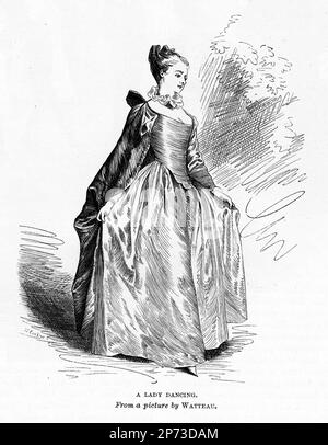 Engraving of a fashionably dressed woman dancing in Victorian England, circa 1880 Stock Photo