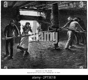 Engraving of Cornish fisherfolk hauling in the boats with a capstan., circa 1880 Stock Photo