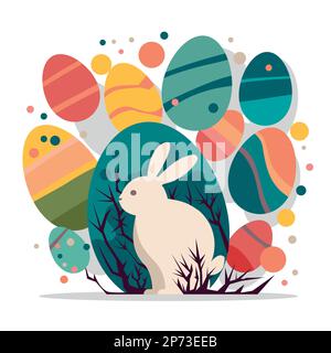 Cute abstract illustration of an Easter bunny surrounded by plants, flowers and colorful Easter eggs. Greeting card, postcard and flat icon of an East Stock Vector