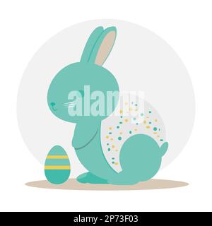 Cute abstract illustration of a bunny with an Easter egg in light blue pastel shades. Greeting card, postcard and flat icon of an Easter bunny Stock Vector