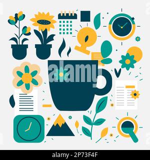 Set of assorted flat icons for relaxing at work. Cool illustration of a coffee cup, clocks, plants and flowers in blue, yellow and green tones Stock Vector