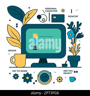 Set of retro flat icons related to work activities. Cool illustration of a laptop, clocks, plants, flowers and coffee for everyday life Stock Vector