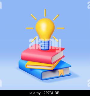 3D Stack of Closed Books with Light Bulb Stock Vector