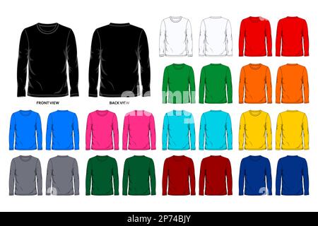 Thirteen colors long sleeve t shirt design template front and back view. Vector illustration Stock Vector
