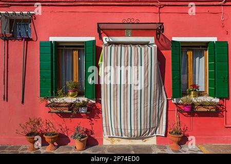 doorway with curtain and windows with shutters on bright coloured house at Burano, Venice, Italy in February Stock Photo