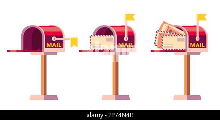 Full mailbox. Empty postbox, mail container with letter, letterbox with many envelopes, postal service mailing concept flat style. Vector cartoon set Stock Vector