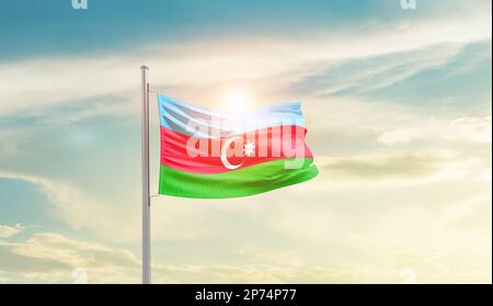 Aerbaijan waving flag in beautiful sky.flagpole Stock Photo